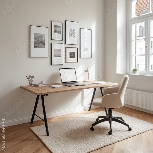 Modern Home Office with Gallery Wall in Black and White