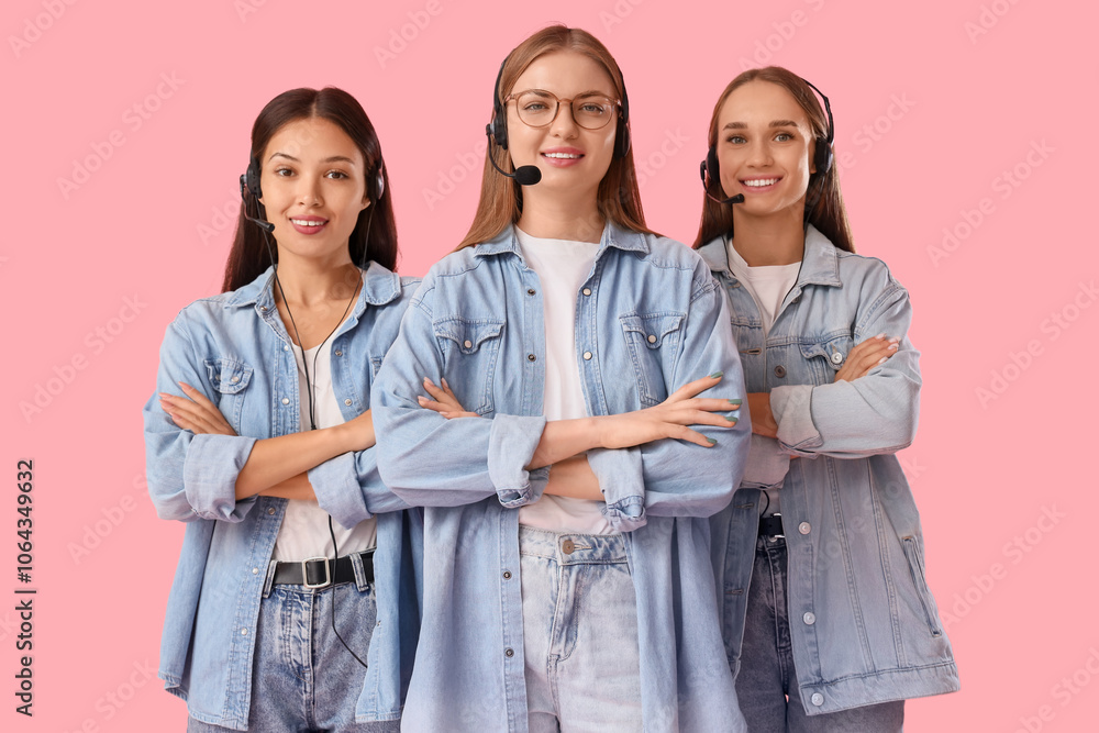 Female technical support agents in headsets on pink background Female technical support agents in headsets on pink background
