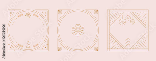 Christmas Art deco frames, Merry Christmas, invitations set. Collection of linear vector frames, cards design. Elegant, luxury printable illustrations