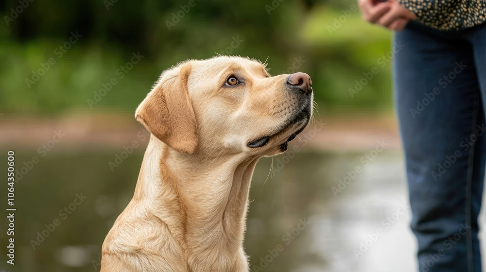 Loyal labrador retriever gazes up at owner with love and curiosity by the water's edge Loyal labrador retriever gazes up at owner with love and curiosity by the water's edge