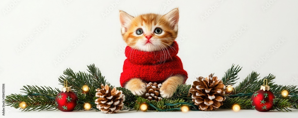 A cute ginger kitten in a red sweater poses among pine branches and holiday decorations, creating a festive atmosphere. A cute ginger kitten in a red sweater poses among pine branches and holiday decorations, creating a festive atmosphere.
