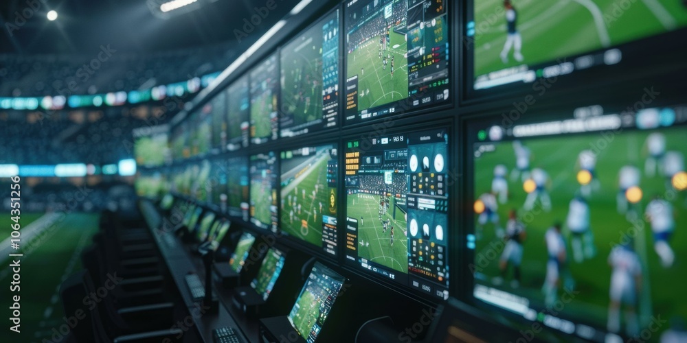 Multiple screens showing a live sporting event. AI. Multiple screens showing a live sporting event. AI.