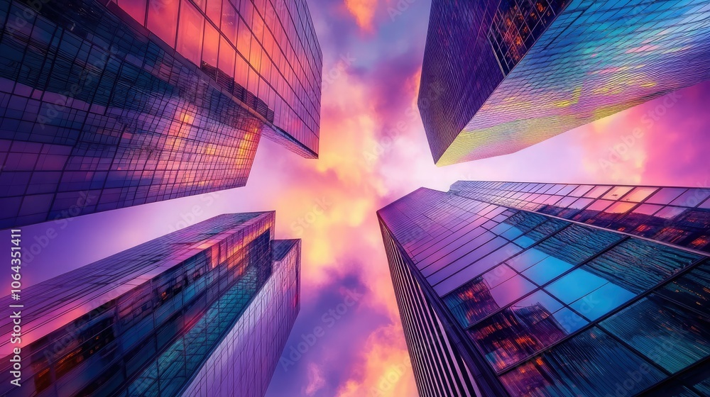 A striking skyline view of tall skyscrapers reflecting the sunset, with vibrant colors A striking skyline view of tall skyscrapers reflecting the sunset, with vibrant colors