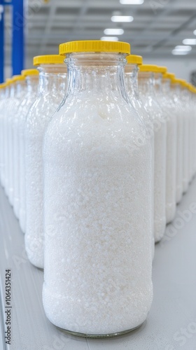 Glass Milk Bottles on Conveyor Belt  Industrial Production Line  Dairy Factory  Food Manuf photo