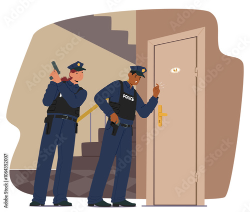 Two Police Officers Prepare To Enter A Residence, One Knocking On The Door While The Other Stands Alert With A Weapon