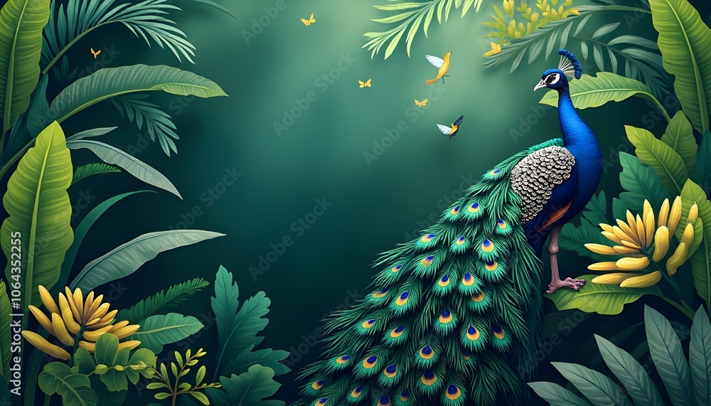 Fototapeta premium A high-definition photo of an exotic jungle wallpaper design with vibrant peacock illustrations amidst a backdrop of banana and tropical leaves.