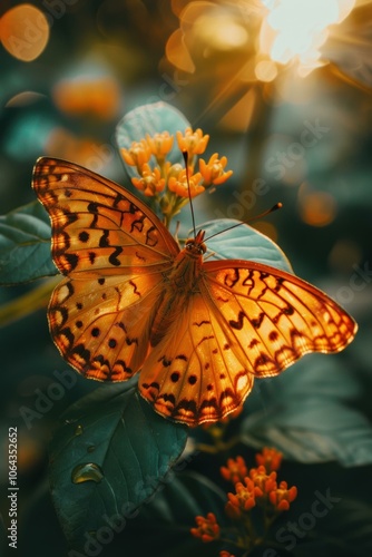 A butterfly perched on a leaf with the sun shining through its wings. AI.