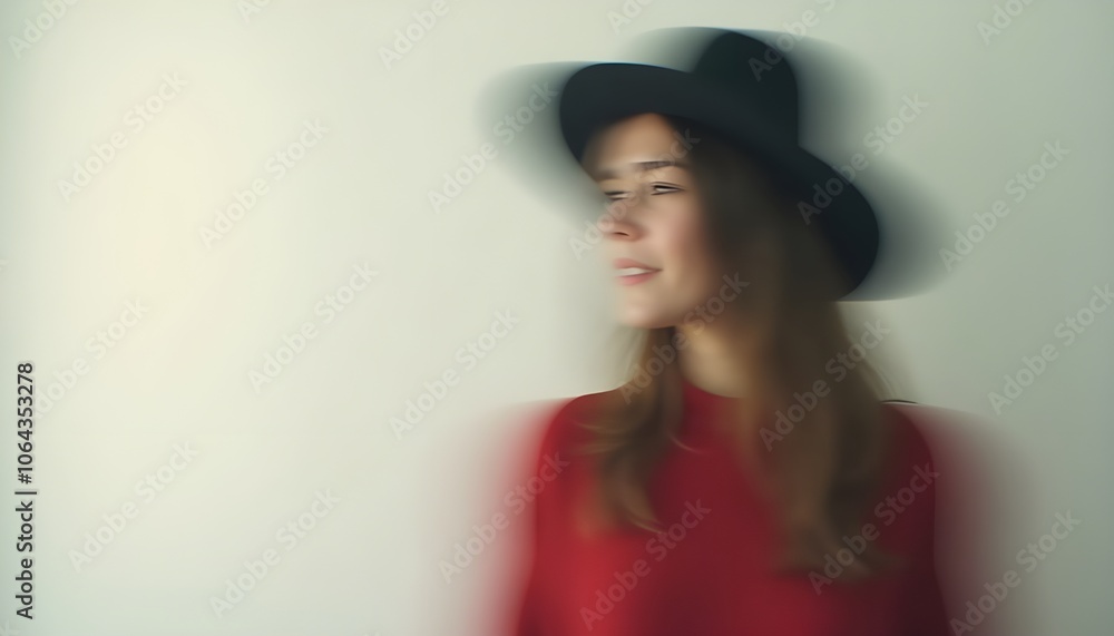 A serene space with a blurred silhouette of a woman in a red sweater and black hat, set against a softly neutral background. The motion blur and double exposure effects highlight the emotional state A serene space with a blurred silhouette of a woman in a red sweater and black hat, set against a softly neutral background. The motion blur and double exposure effects highlight the emotional state