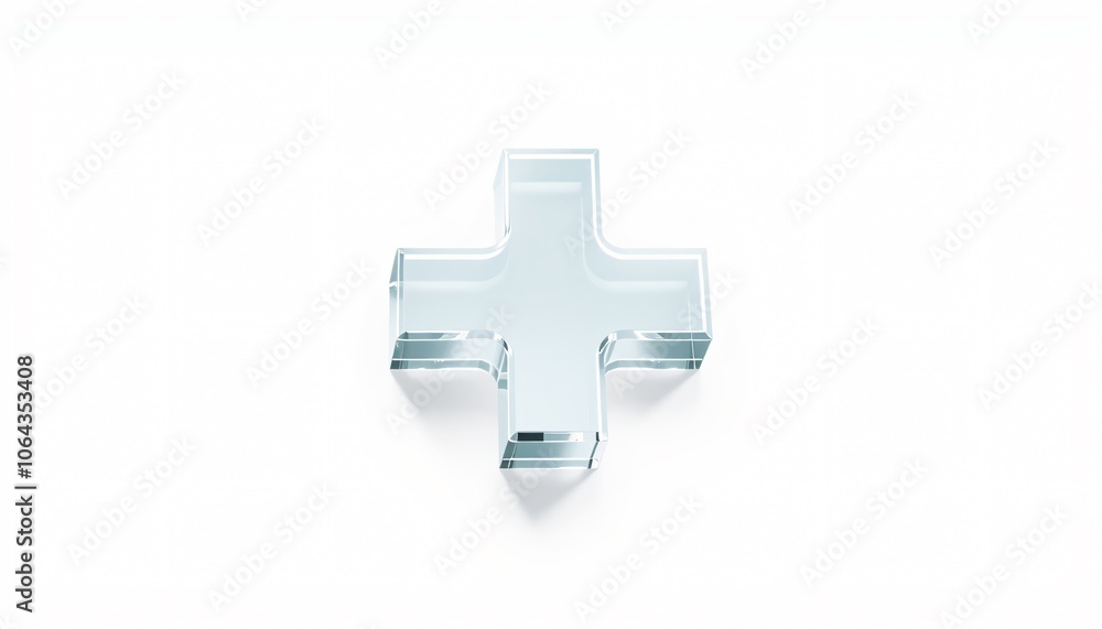 Obraz premium Plus sign cross symbol crystal transparent glass. 3D icon isolated on white background, symbolizing medical protection, healthcare safety