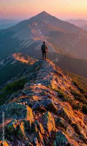 A hiker stands on a mountain peak, looking out at the vast landscape. AI.