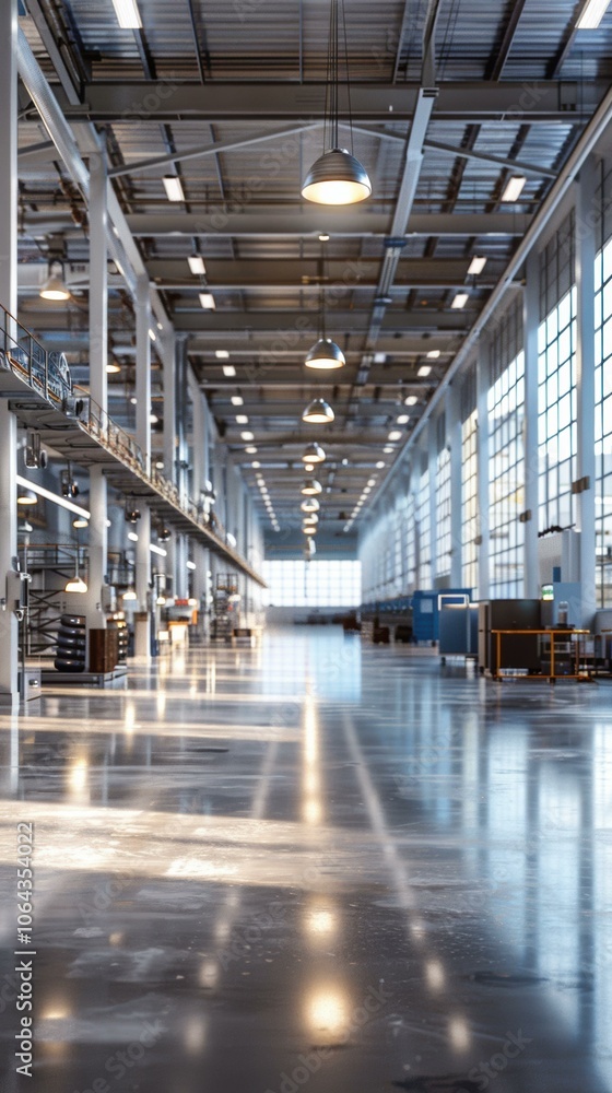 An empty warehouse with large windows and a concrete floor. AI. An empty warehouse with large windows and a concrete floor. AI.