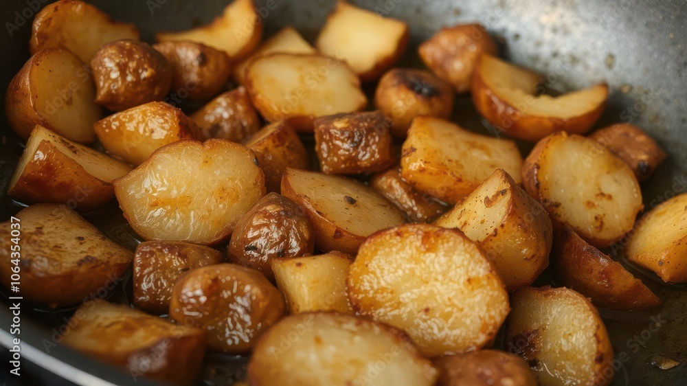 Close-up shot of freshly cooked potatoes in a sizzling pan with crispy edges and golden brown color, top view, homemade Close-up shot of freshly cooked potatoes in a sizzling pan with crispy edges and golden brown color, top view, homemade
