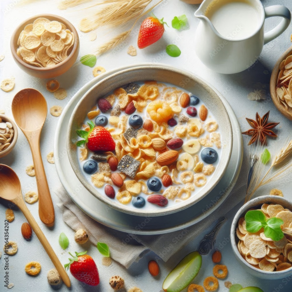 Elevated high-key view of a cereal bowl, capturing a bright and airy breakfast scene Elevated high-key view of a cereal bowl, capturing a bright and airy breakfast scene
