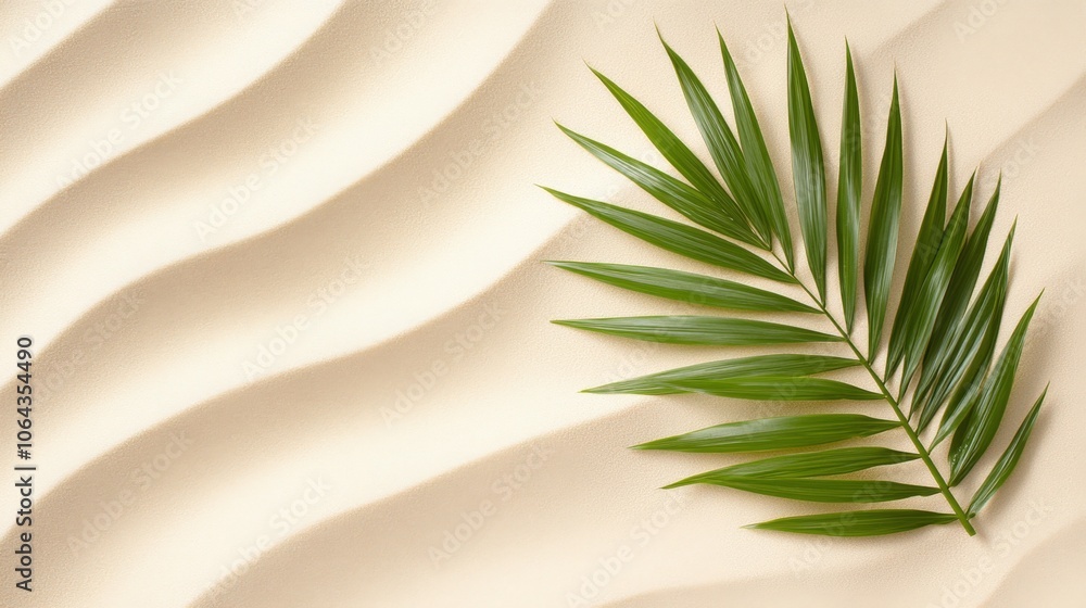 A vibrant palm leaf resting on softly textured sand with gentle waves in a warm, serene environment A vibrant palm leaf resting on softly textured sand with gentle waves in a warm, serene environment