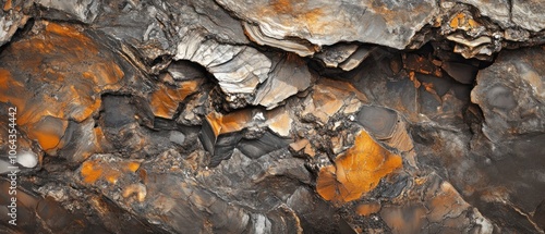 A close-up view of textured rock formations with orange and gray hues.