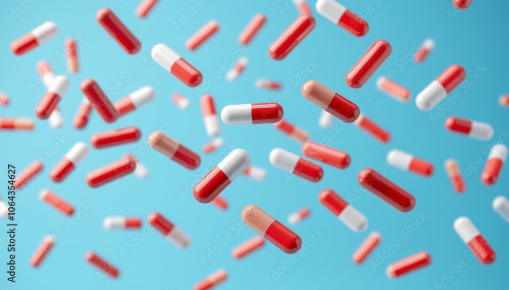 Red and white capsules flying in the air for medicine or healthcare advertisment designs, on blue background Red and white capsules flying in the air for medicine or healthcare advertisment designs, on blue background