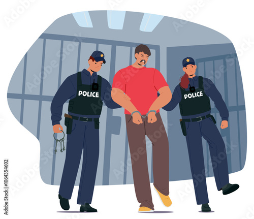 Two Police Officers Escort A Handcuffed Man In A Jail Setting. Cartoon Officers Maintain Firm Grips As They Lead Him