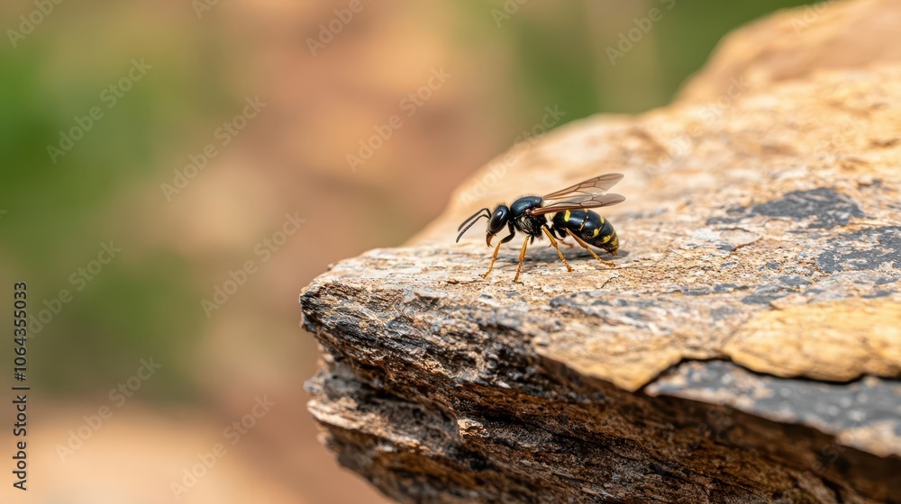 Closeup of a wasp on a rough rock surface, intense details, wild and natural setting Closeup of a wasp on a rough rock surface, intense details, wild and natural setting