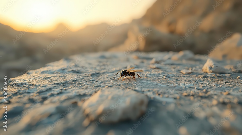 Closeup of a wasp on a rough rock surface, intense details, wild and natural setting Closeup of a wasp on a rough rock surface, intense details, wild and natural setting