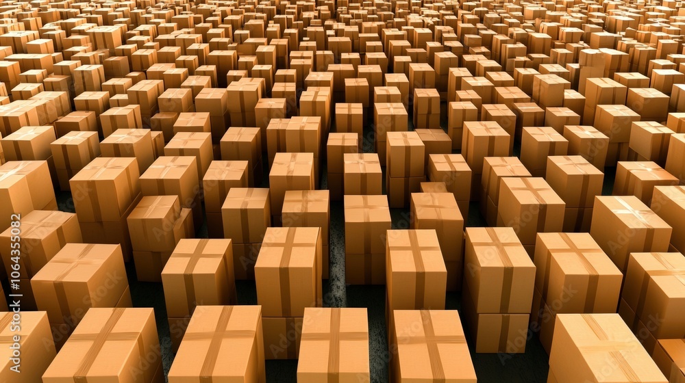 A vast warehouse filled with numerous cardboard boxes stacked neatly in organized rows during daylight hours A vast warehouse filled with numerous cardboard boxes stacked neatly in organized rows during daylight hours