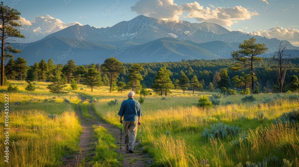 A lone hiker walks along a trail with a view of a mountain range in the distance. AI. A lone hiker walks along a trail with a view of a mountain range in the distance. AI.