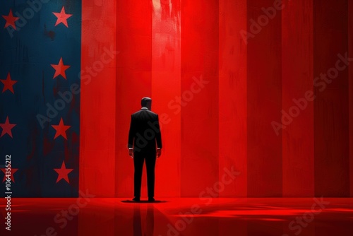 A man in a suit stands in front of a red and blue background. AI.