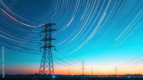 Long exposure photograph of starry sky with light trails from power lines. vibrant colors of sunset create stunning backdrop for silhouetted structures photo