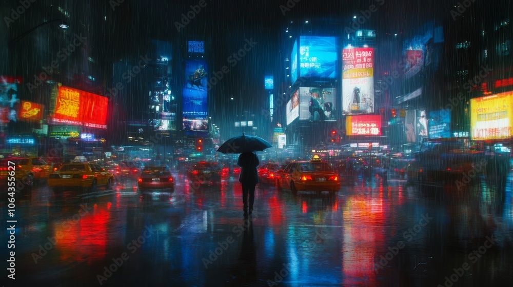 18.In a rainy, foggy city at night, a person stands alone with an umbrella near a bustling crosswalk. The wet pavement reflects the vibrant red and blue hues of passing vehicles, while raindrops 18.In a rainy, foggy city at night, a person stands alone with an umbrella near a bustling crosswalk. The wet pavement reflects the vibrant red and blue hues of passing vehicles, while raindrops