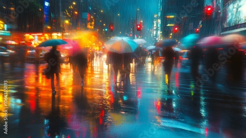 33.A group of pedestrians crossing a busy intersection, all huddled under umbrellas to shield themselves from the pouring rain. The reflections of traffic lights and the blurred movement of cars can