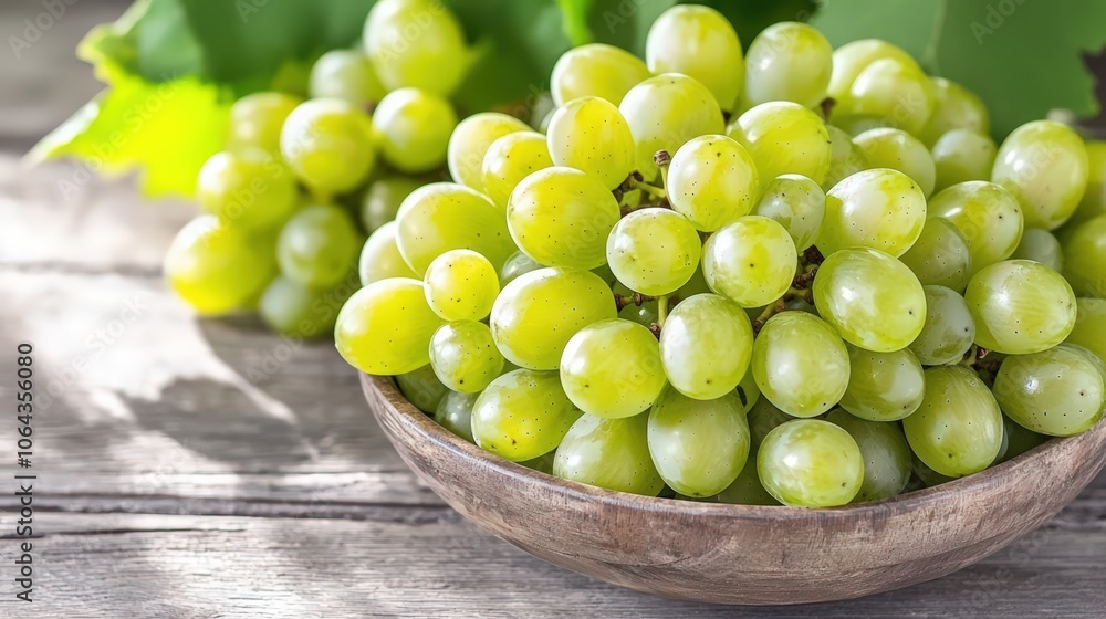 Fresh green grapes in a rustic wooden bowl on a weathered table with lush leaves nearby Fresh green grapes in a rustic wooden bowl on a weathered table with lush leaves nearby