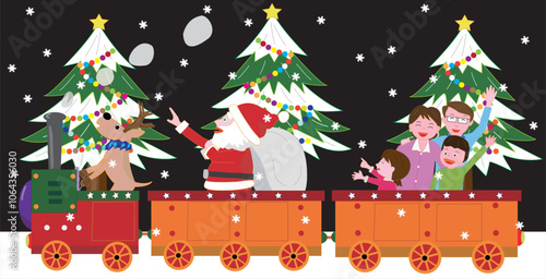 クリスマスの日にサンタクロースとトナカイが蒸気機関車でプレゼントを運んでいる。