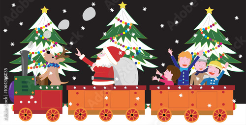 クリスマスの日にサンタクロースとトナカイが蒸気機関車でプレゼントを運んでいる。