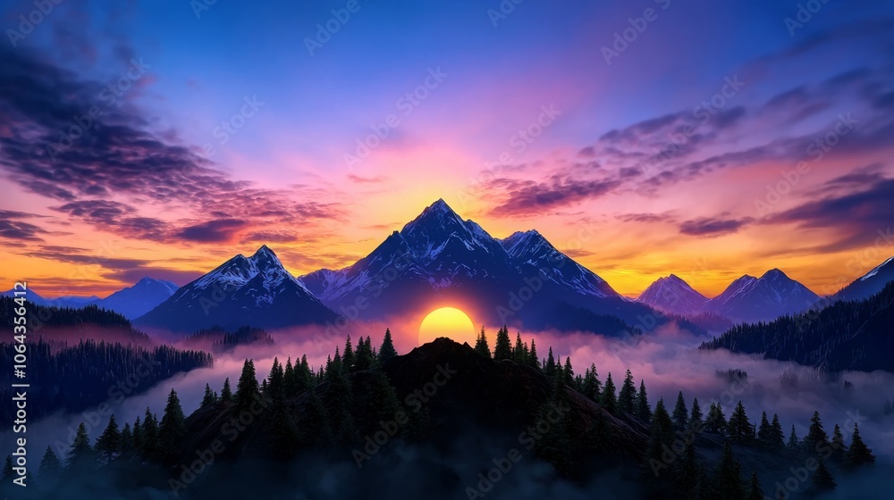 Serene Mountain Range at Sunrise with Mist Serene Mountain Range at Sunrise with Mist
