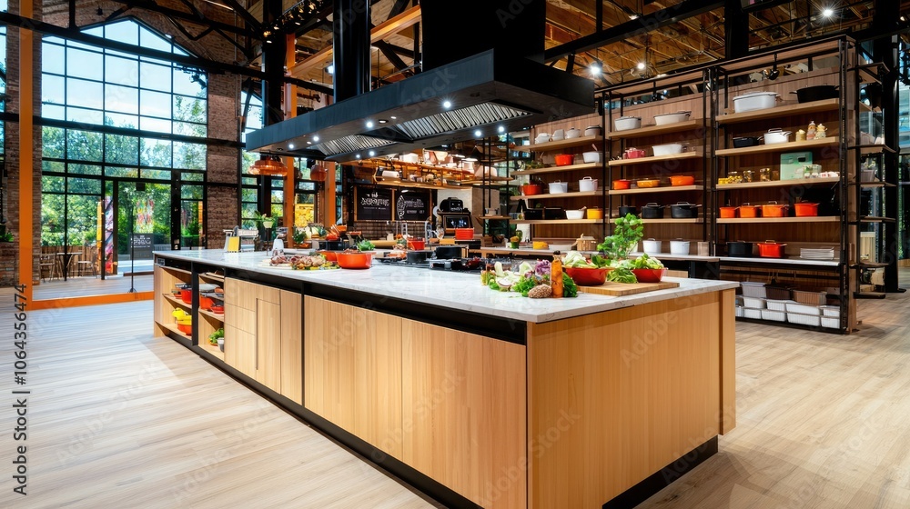 A modern, spacious kitchen featuring an island, vibrant produce, and stylish shelving complemented by large windows allowing natural light. A modern, spacious kitchen featuring an island, vibrant produce, and stylish shelving complemented by large windows allowing natural light.