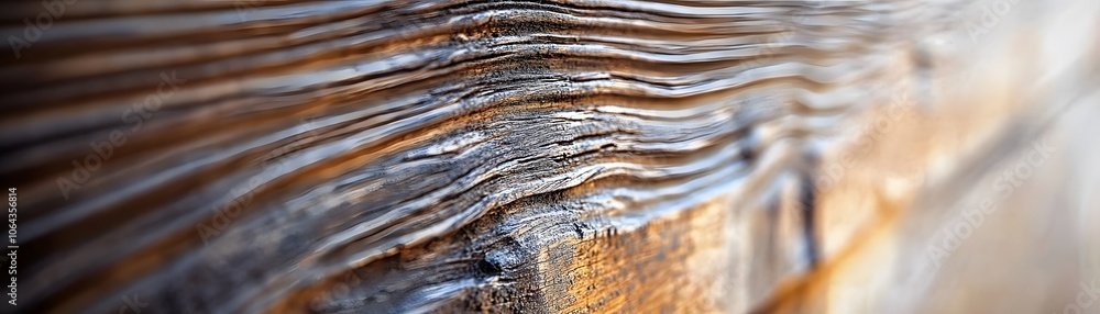 Fototapeta premium Close-up of a Brown and Grey Weathered Wooden Surface with a Defocused Background