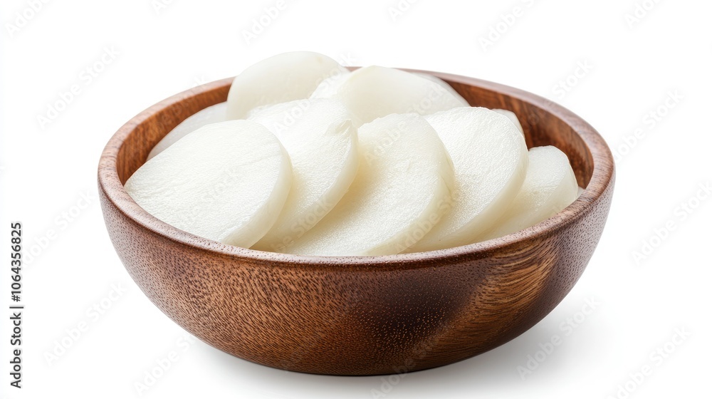 Freshly Sliced Radish in Wooden Bowl Freshly Sliced Radish in Wooden Bowl