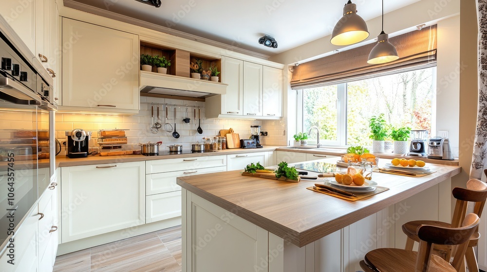 Fototapeta premium A bright, modern kitchen featuring white cabinets, a central island, wooden accents, and natural light streaming through large windows.