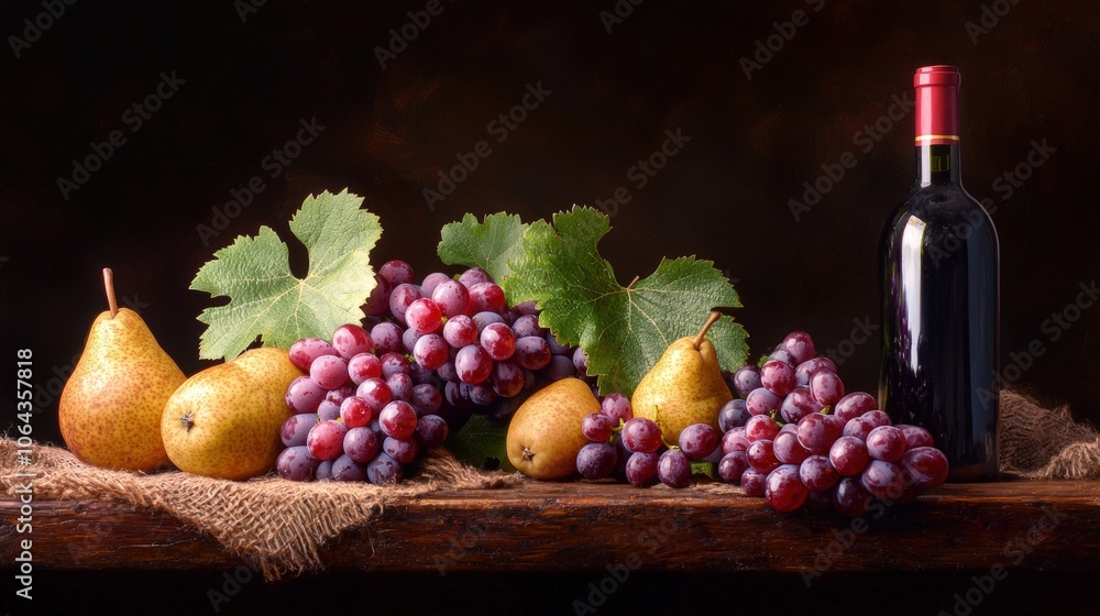 Fresh grapes and pears alongside a bottle of red wine on a rustic wooden surface with dark background lighting Fresh grapes and pears alongside a bottle of red wine on a rustic wooden surface with dark background lighting