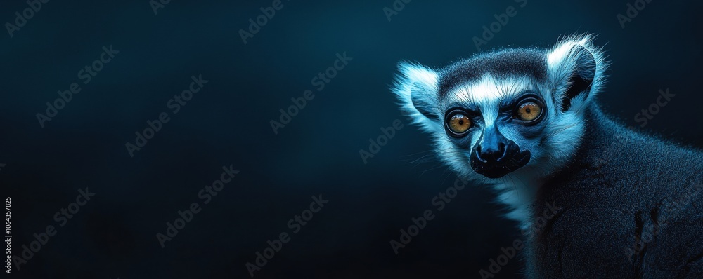 A close-up of a lemur with striking features, set against a dark blue background. A close-up of a lemur with striking features, set against a dark blue background.