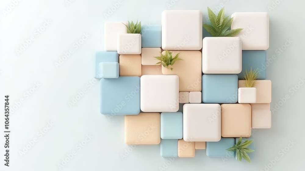Obraz premium Abstract 3D Background with Pastel Cubes and Green Plants
