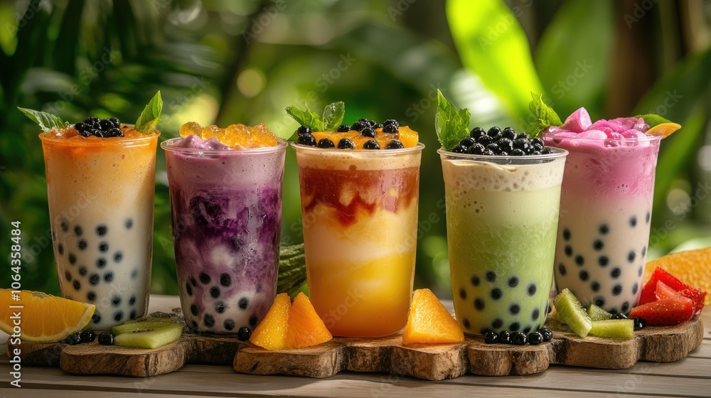 A variety of bubble tea flavors, including classic milk tea, matcha, and fruit-based teas A variety of bubble tea flavors, including classic milk tea, matcha, and fruit-based teas