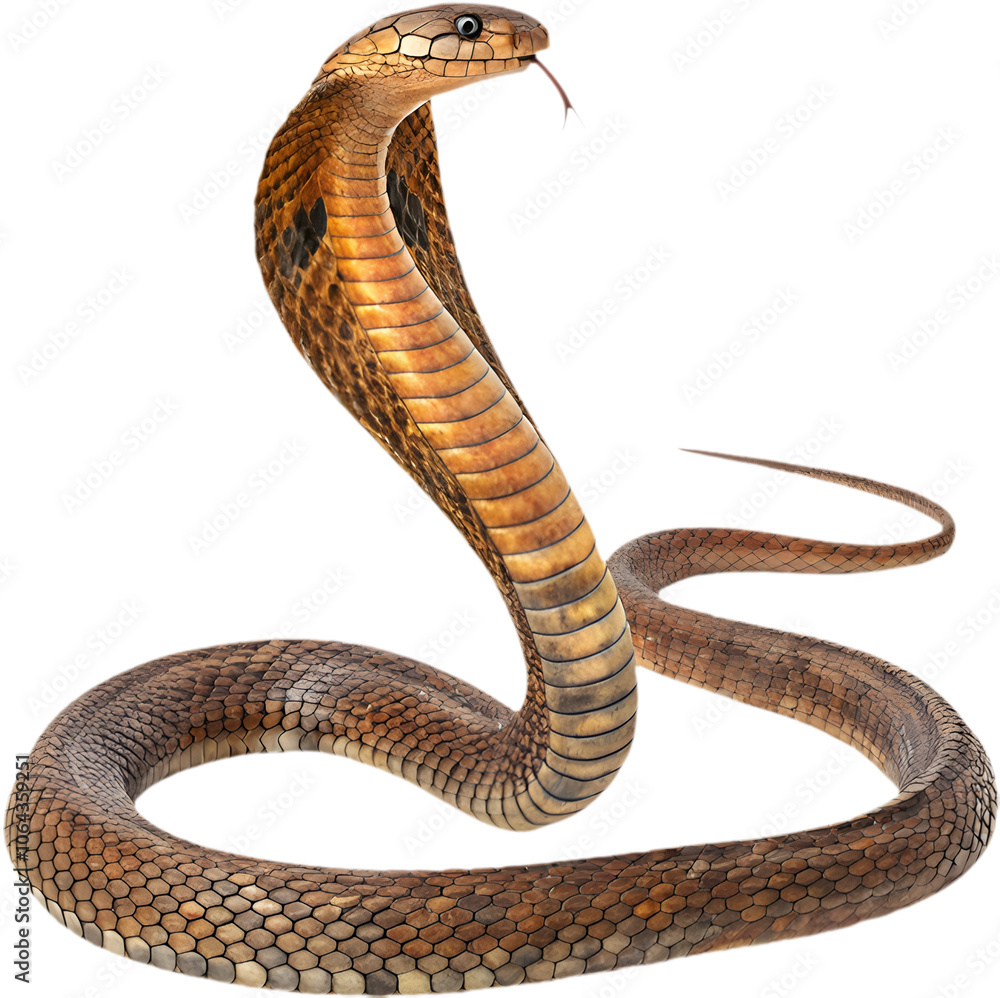 Fototapeta premium Realistic King Cobra clipart highlighting fierce stance, spread hood, and scales. 