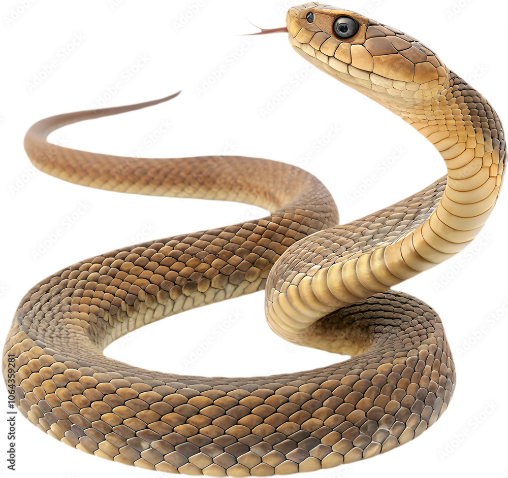Fototapeta premium Realistic King Cobra clipart highlighting fierce stance, spread hood, and scales.