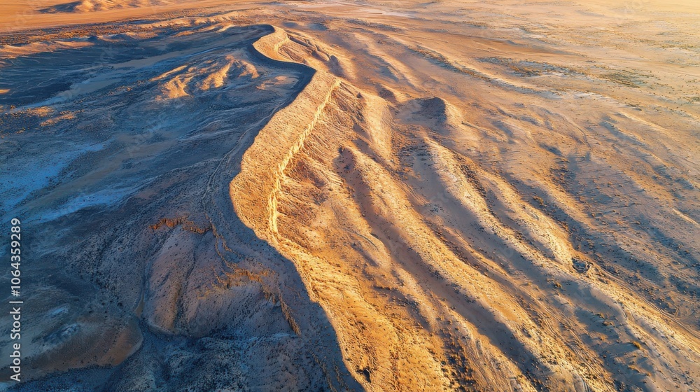 Fototapeta premium A stunning aerial view reveals a vast desert expanse, highlighted by soft golden hues. A winding river elegantly cuts through the arid landscape, showcasing nature's beauty at twilight.