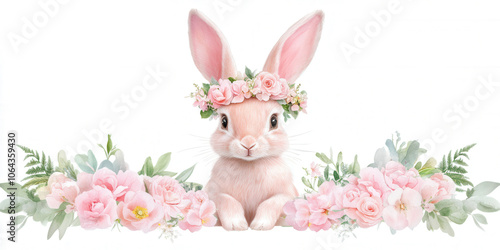 Cute bunny with large ears wearing a floral crown surrounded by pink flowers in a whimsical setting