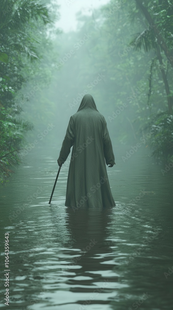 Mysterious Figure Walking Through Foggy Swamp Mysterious Figure Walking Through Foggy Swamp