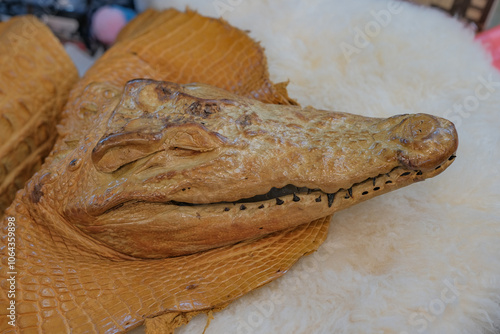Obraz na płótnie Dyed animal Crocodile Skin, Alligator Caiman and Crocodile classic Leather products for sale, in Hatyai , Thailand w salonie
