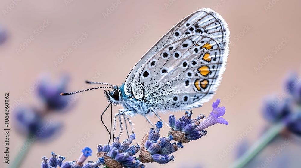 Obraz premium Beautiful butterfly perched on lavender flowers in a tranquil garden during a sunny afternoon
