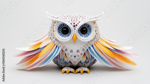 Colorful handcrafted owl sculpture with intricate details and layered wings against a neutral background photo