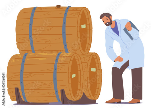 Wine Expert In A Lab Coat Inspects Large Wooden Barrels In A Winery, Examining The Aging Process